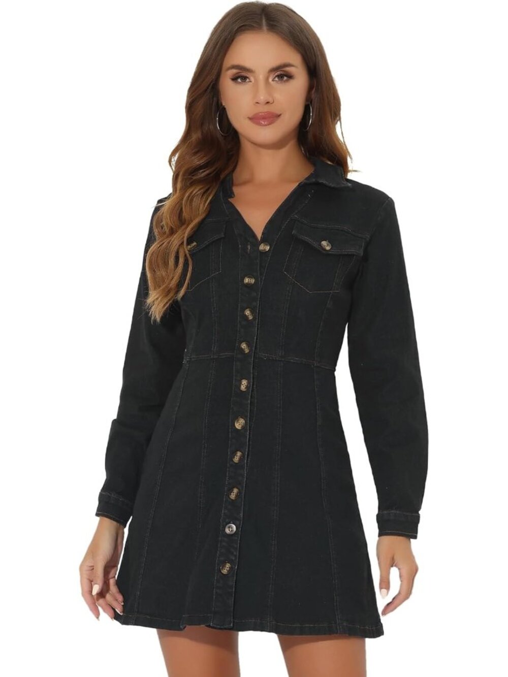 Chic Women's Denim Dress - Collared V-Neck, Long Sleeve, Casual Jean Dress